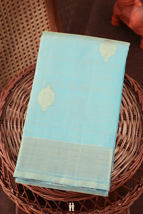 Kanchipuram Silk Saree In Turkish Blue With Zari Buttas