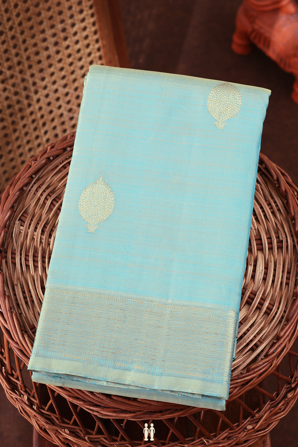 Kanchipuram Silk Saree In Turkish Blue With Zari Buttas