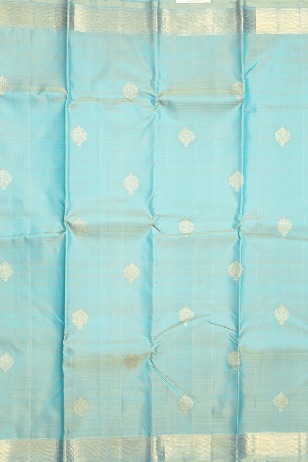 Kanchipuram Silk Saree In Turkish Blue With Zari Buttas