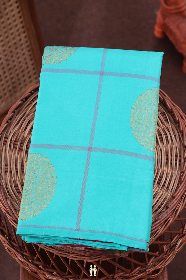 Kanchipuram Silk Saree In Turquoise Blue With Checks Design