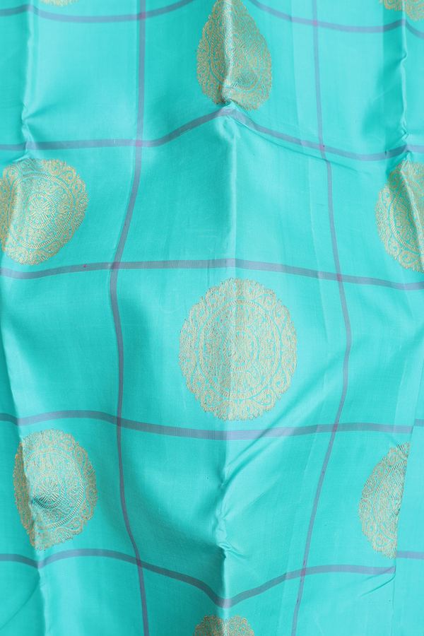 Kanchipuram Silk Saree In Turquoise Blue With Checks Design