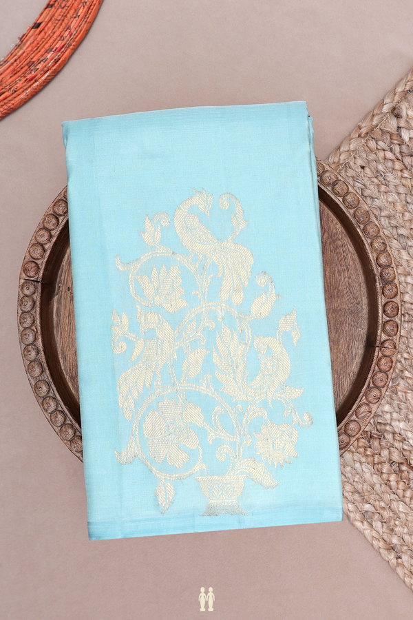 Kanchipuram Silk Saree In Turquoise Blue With Peacock Design