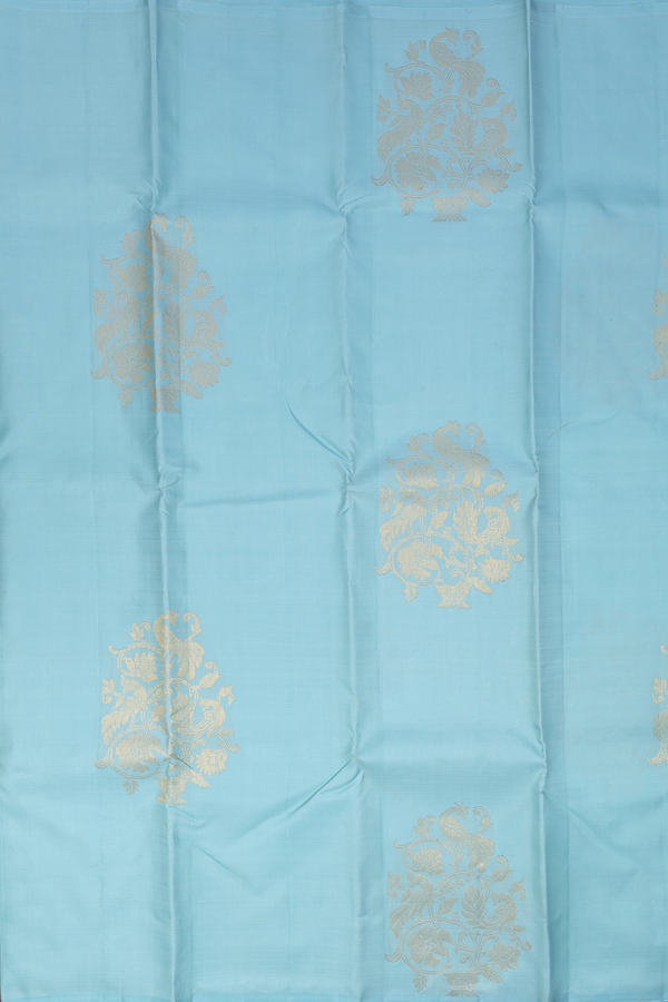 Kanchipuram Silk Saree In Turquoise Blue With Peacock Design