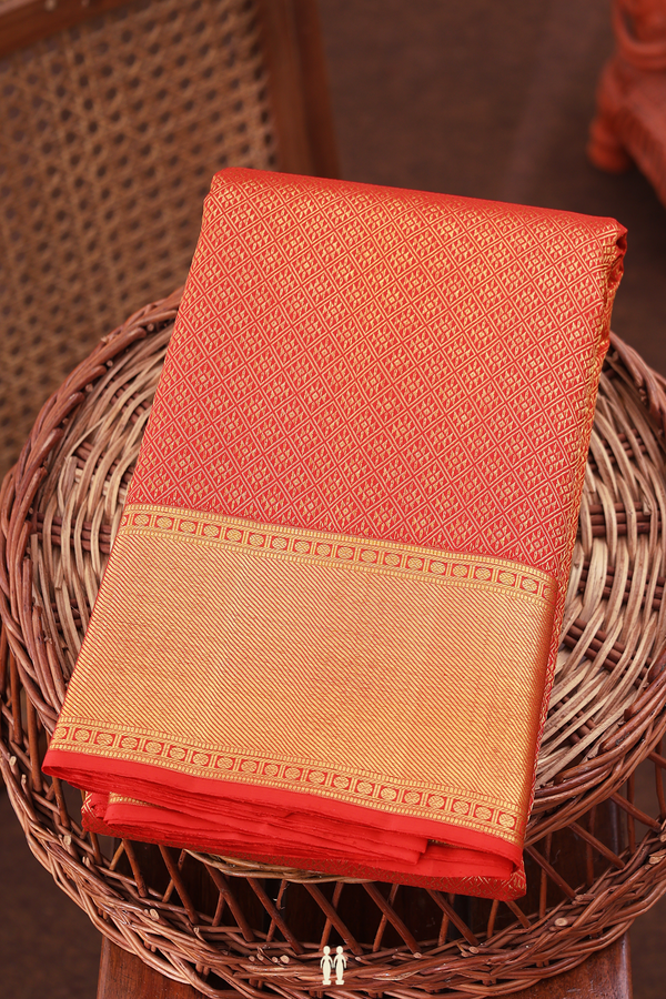 Kanchipuram Silk Saree In Vermillion Red With Brocade Design