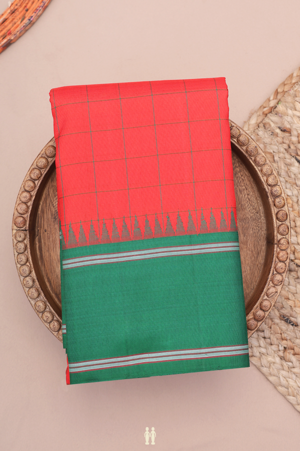 Kanchipuram Silk Saree In Vermillion Red With Checks Design