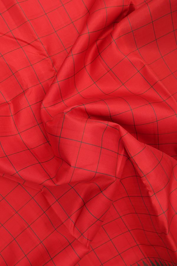 Kanchipuram Silk Saree In Vermillion Red With Checks Design
