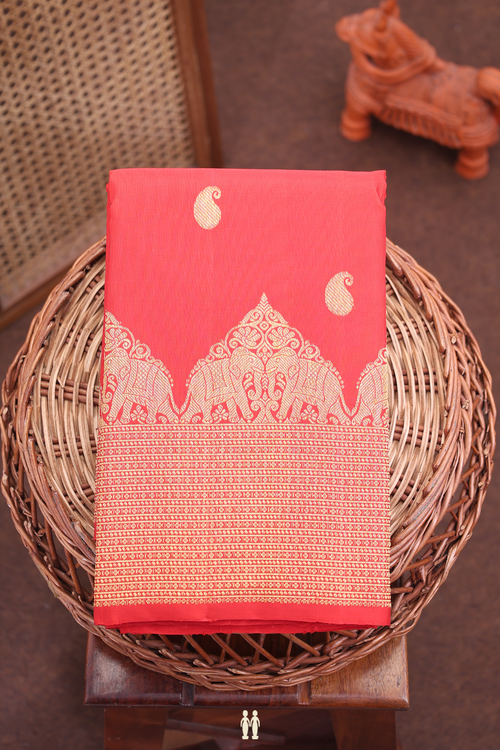 Kanchipuram Silk Saree In Vermillion Red With Paisley Buttas
