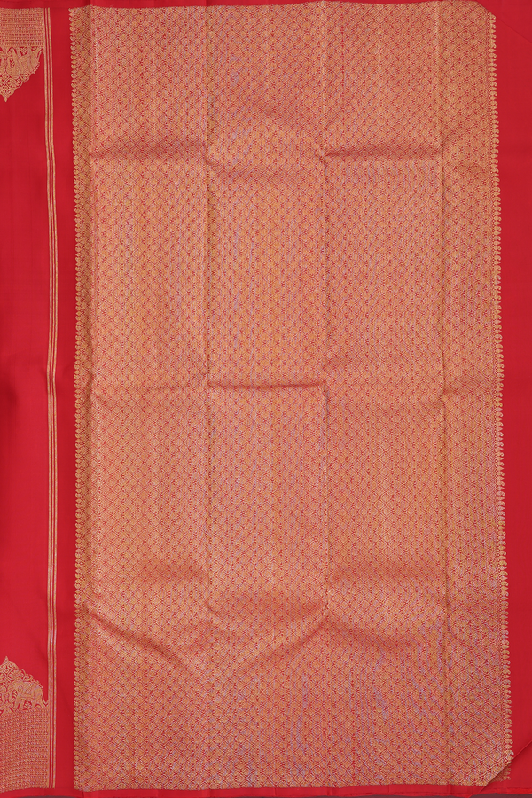 Kanchipuram Silk Saree In Vermillion Red With Paisley Buttas