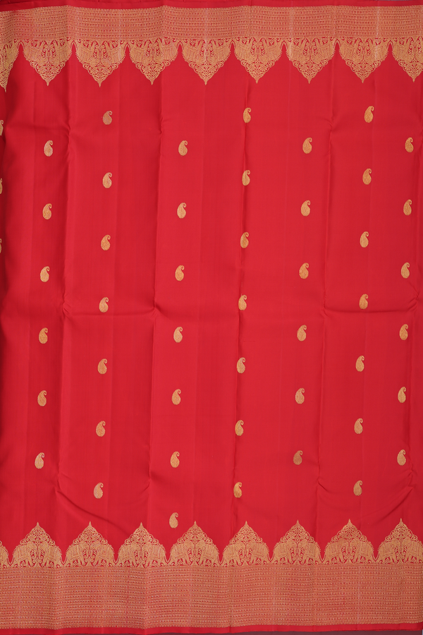 Kanchipuram Silk Saree In Vermillion Red With Paisley Buttas