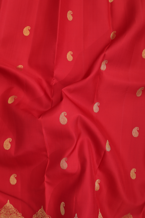 Kanchipuram Silk Saree In Vermillion Red With Paisley Buttas