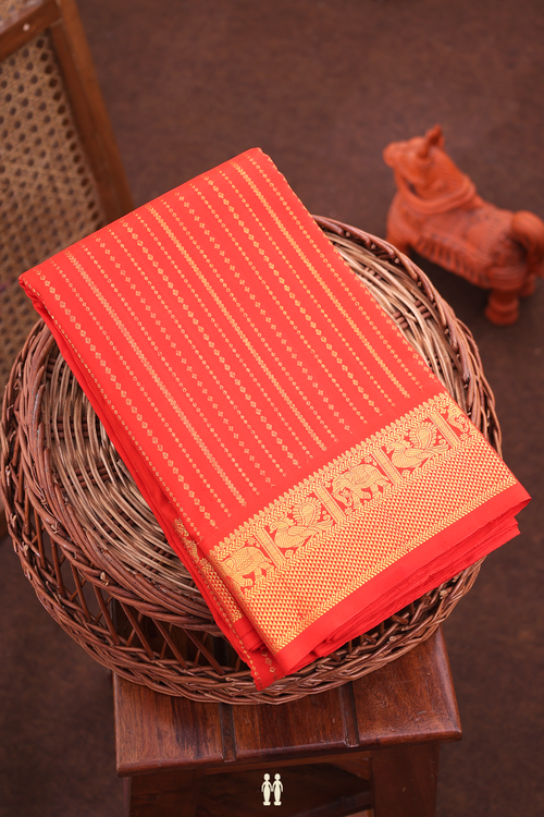 Kanchipuram Silk Saree In Vermillion Red With Stripes Design