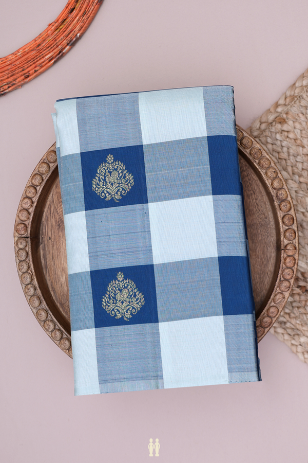 Kanchipuram Silk Saree In White And Blue With Checks Design