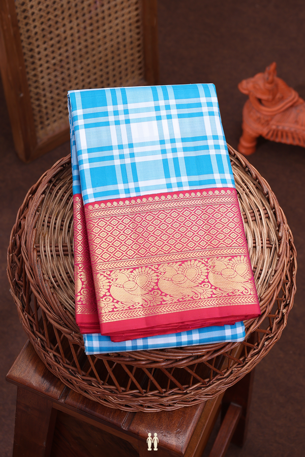 Kanchipuram Silk Saree In White And Blue With Checks Design