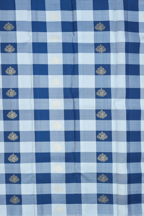 Kanchipuram Silk Saree In White And Blue With Checks Design