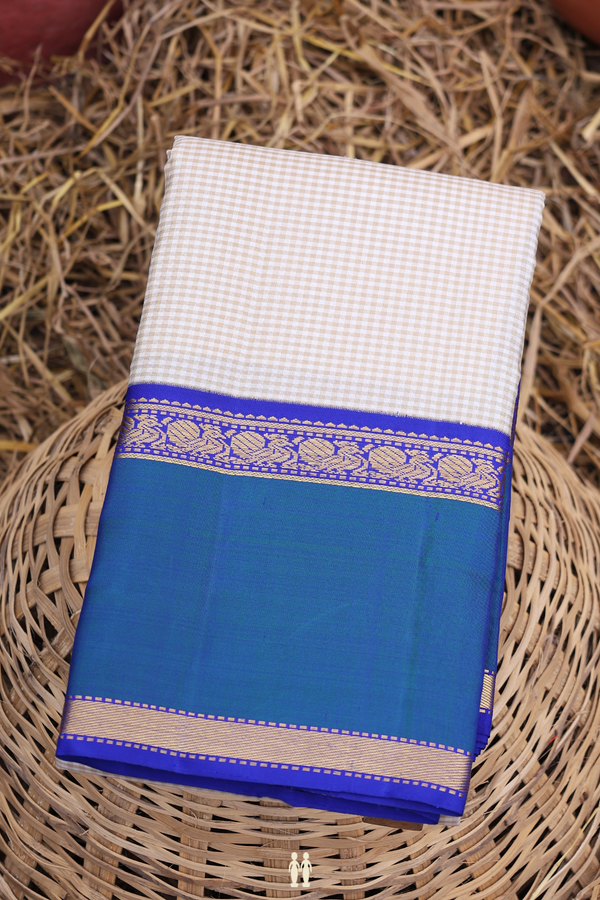 Kanchipuram Silk Saree In White And Brown With Checks Design