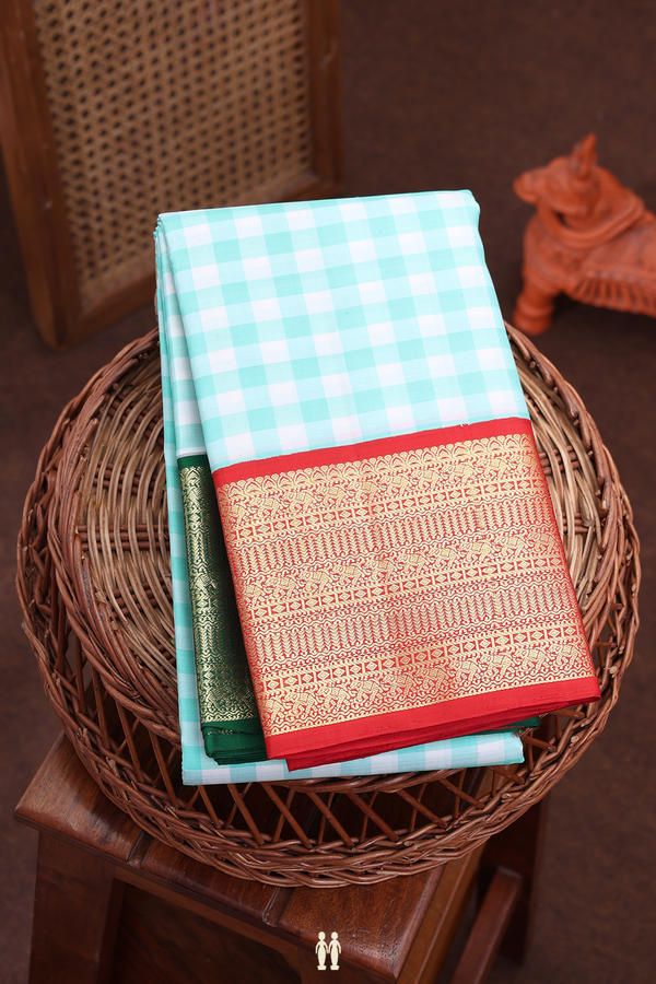 Kanchipuram Silk Saree In White And Green With Checks Design