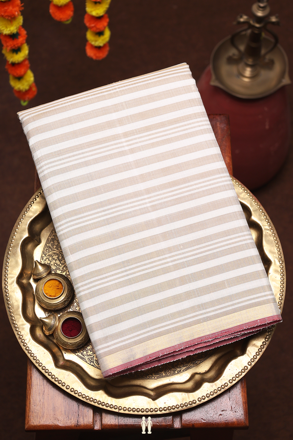 Kanchipuram Silk Saree In White And Khaki With Stripes Design