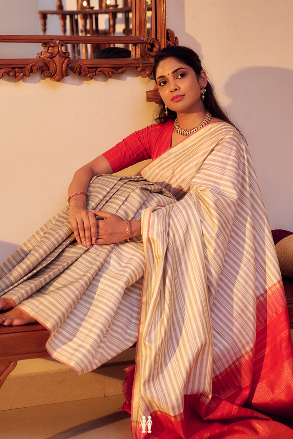 Kanchipuram Silk Saree In White And Khaki With Stripes Design