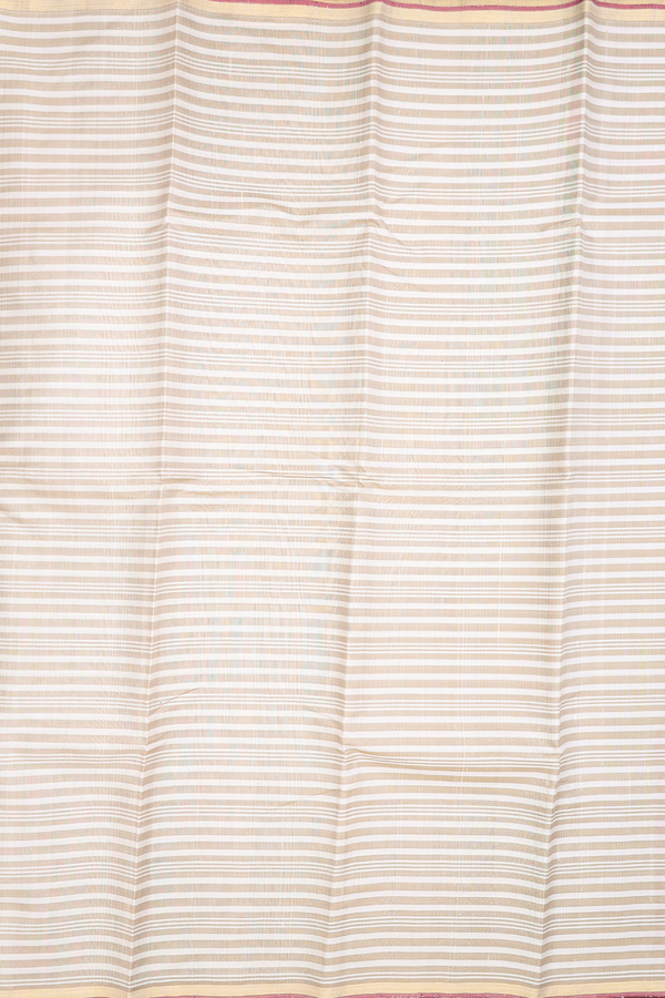 Kanchipuram Silk Saree In White And Khaki With Stripes Design
