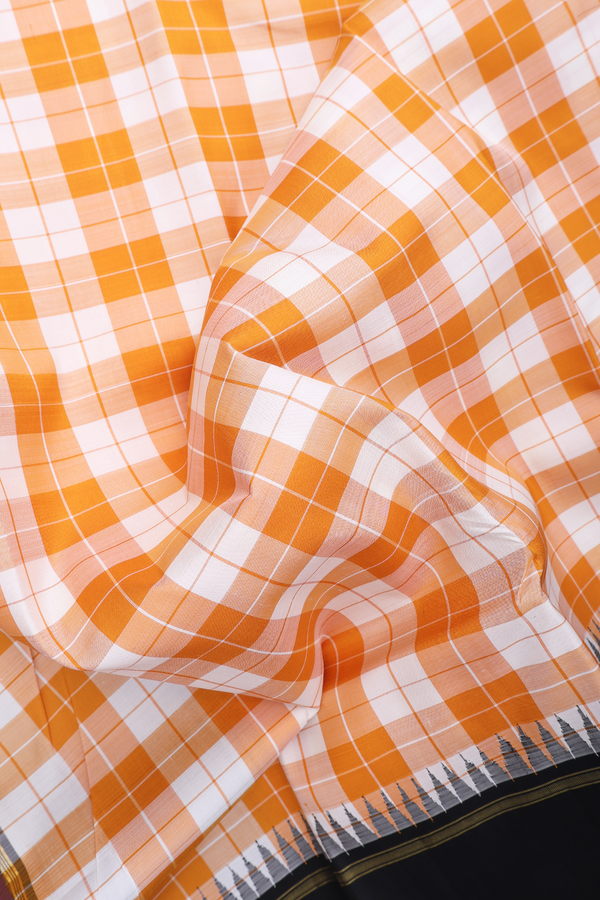 Kanchipuram Silk Saree In White And Orange With Checks Design