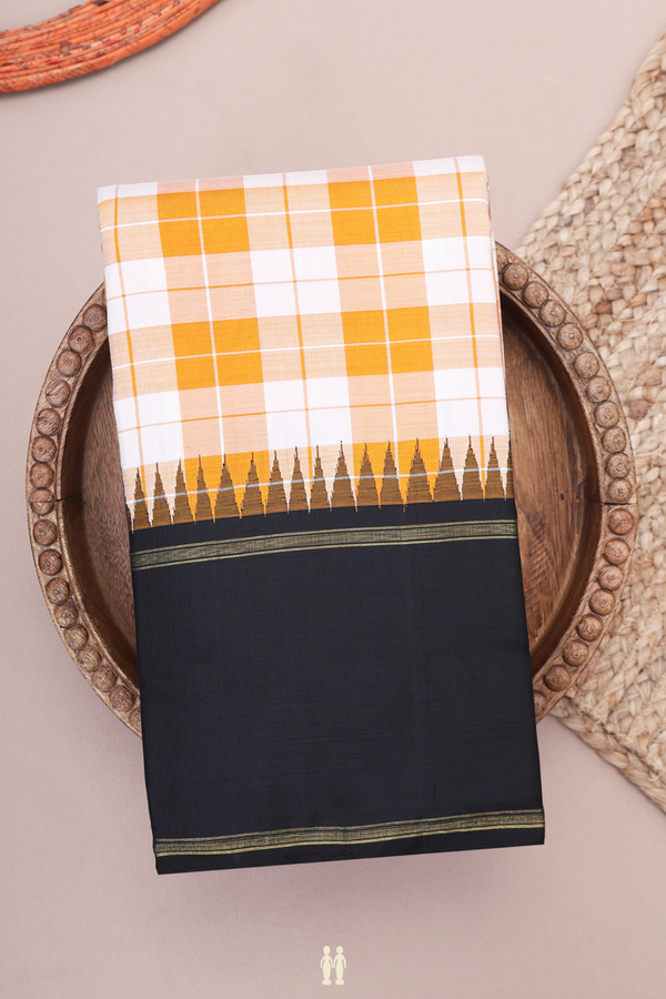 Kanchipuram Silk Saree In White And Orange With Checks Design