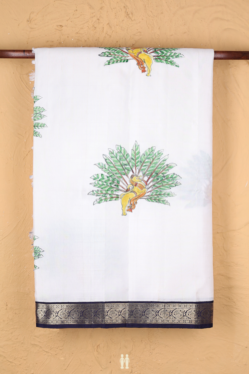 Kanchipuram Silk Saree In White Hand Painted Design