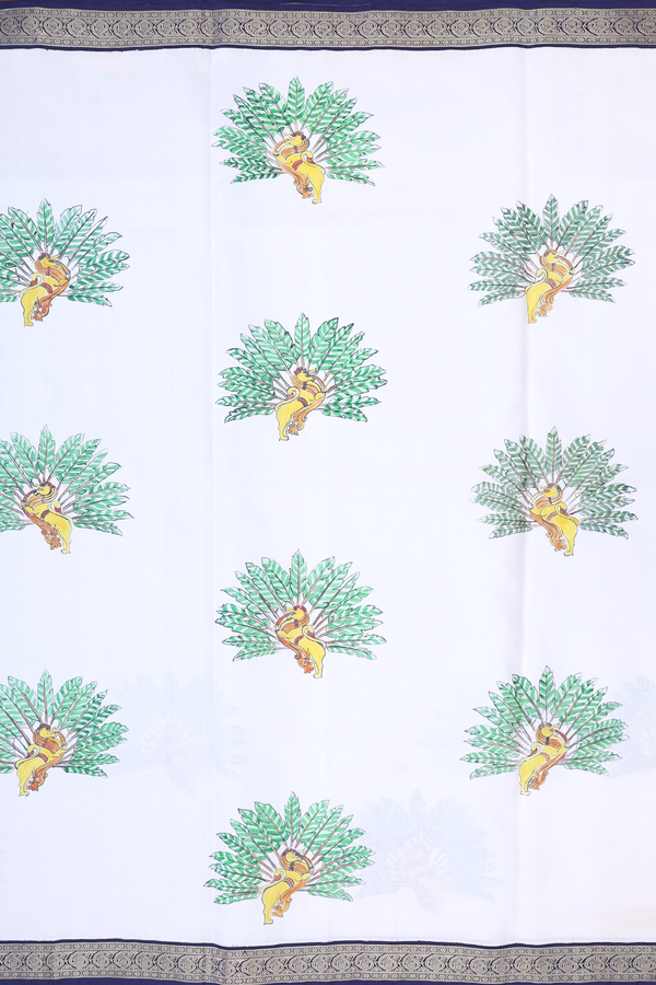 Kanchipuram Silk Saree In White Hand Painted Design