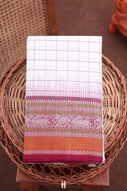 Kanchipuram Silk Saree In White With Checks Design
