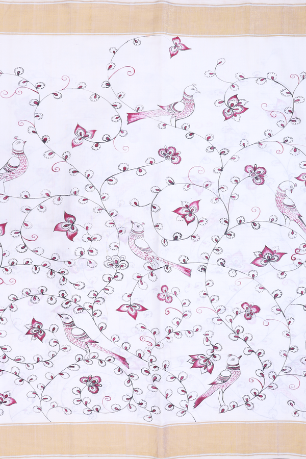 Kanchipuram Silk Saree In White With Floral Hand Painted