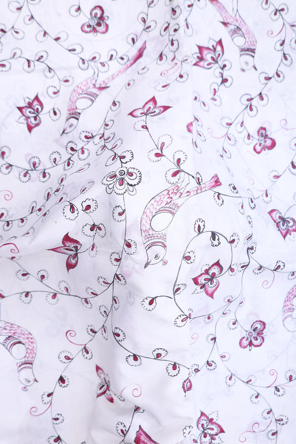 Kanchipuram Silk Saree In White With Floral Hand Painted