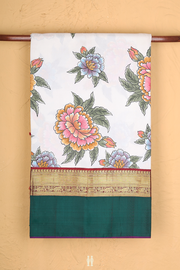 Kanchipuram Silk Saree In White With Floral Hand Painted