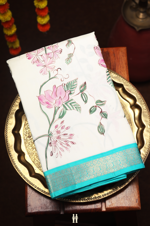 Kanchipuram Silk Saree In White With Hand Painted Design