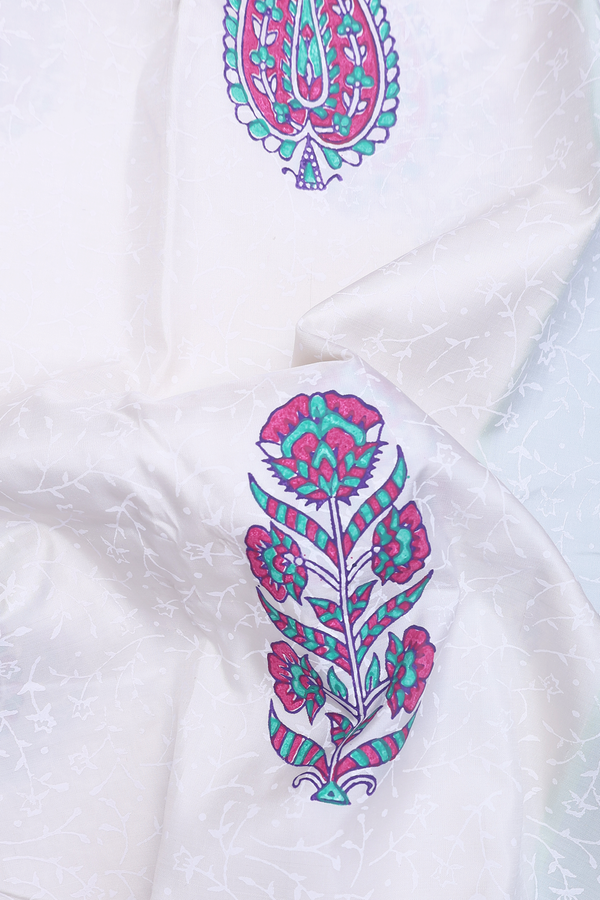 Kanchipuram Silk Saree In White With Hand Painted Design