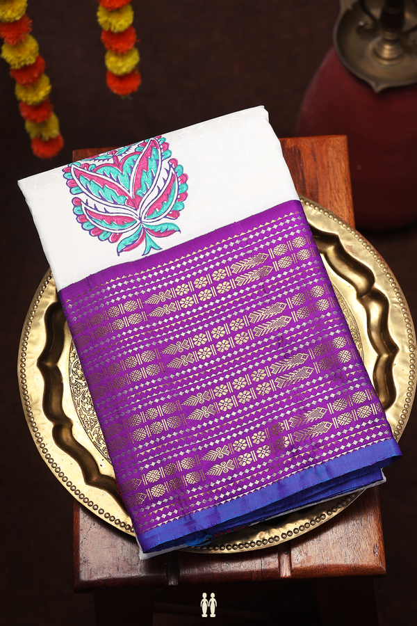 Kanchipuram Silk Saree In White With Hand Painted Design