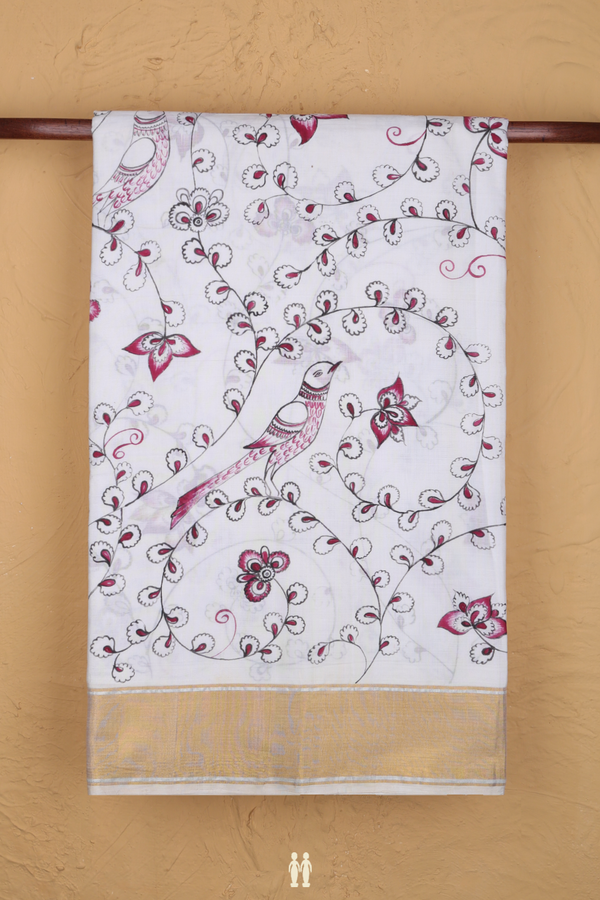 Kanchipuram Silk Saree In White With Parrot Hand Painted