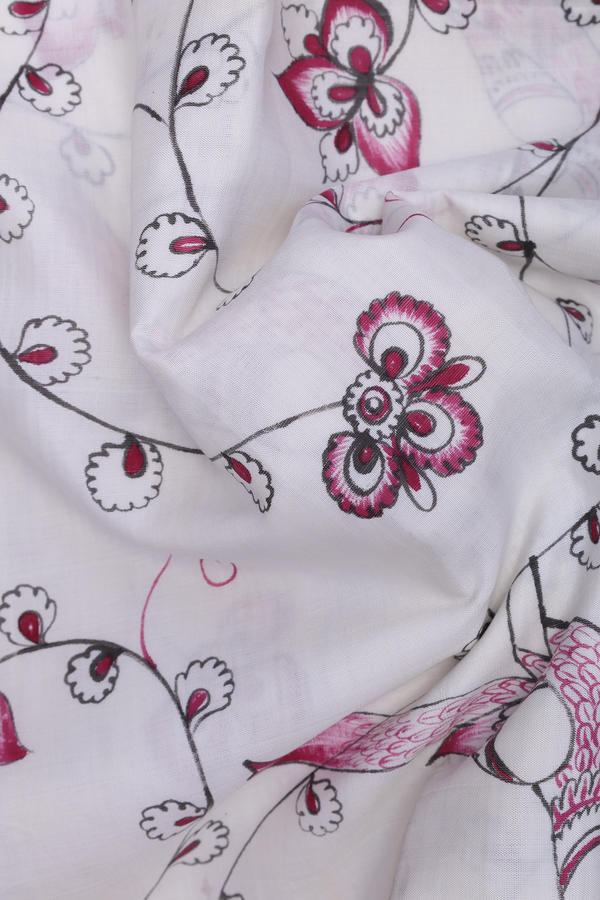 Kanchipuram Silk Saree In White With Parrot Hand Painted