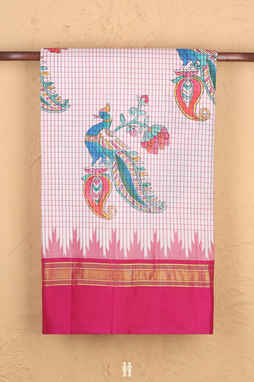 Kanchipuram Silk Saree In White With Peacock Hand Painted