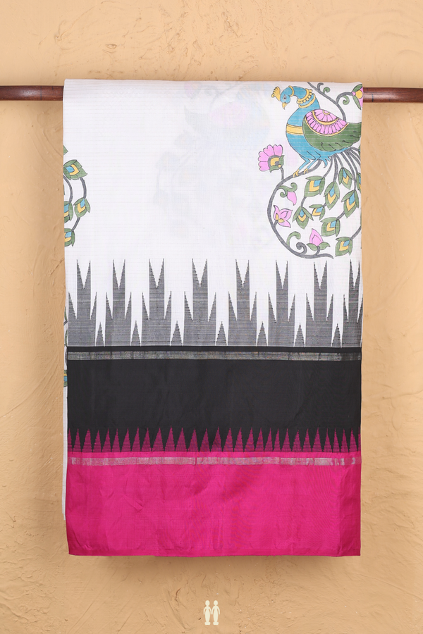 Kanchipuram Silk Saree In White With Peacock Hand Painted