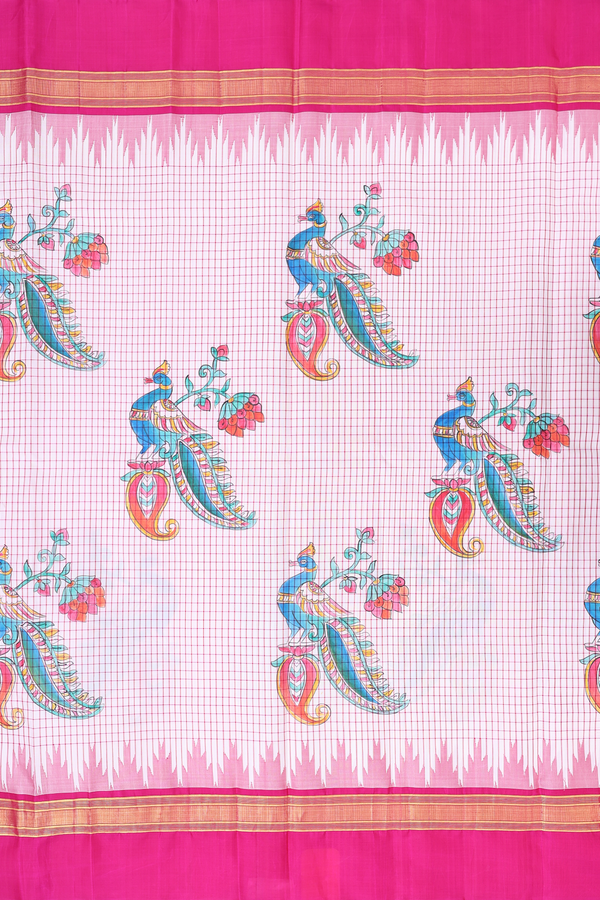 Kanchipuram Silk Saree In White With Peacock Hand Painted