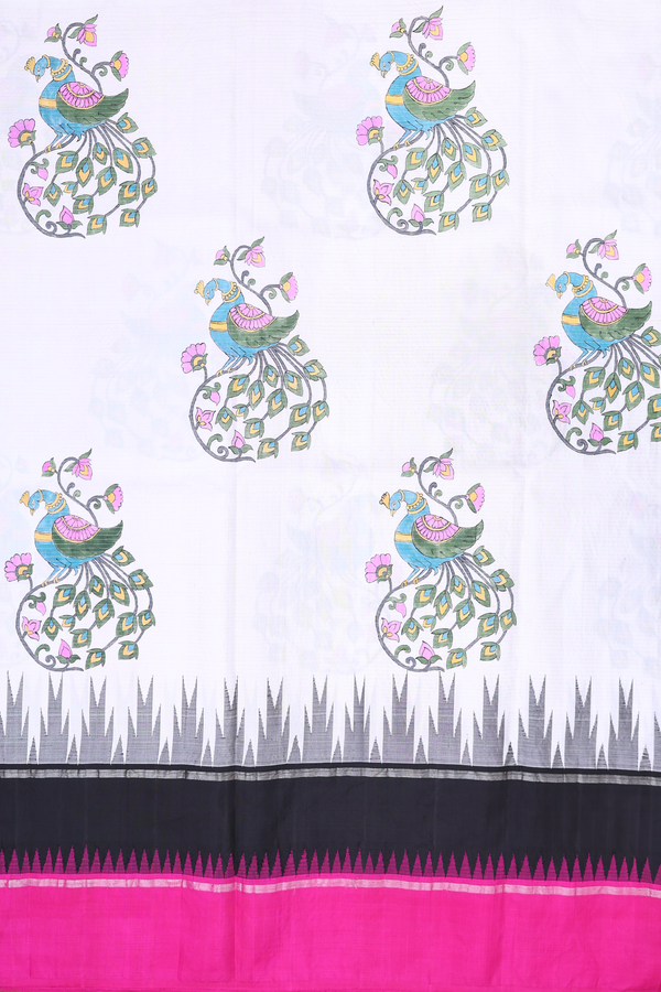 Kanchipuram Silk Saree In White With Peacock Hand Painted