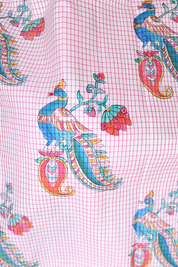 Kanchipuram Silk Saree In White With Peacock Hand Painted