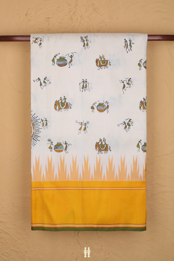 Kanchipuram Silk Saree In White With Warli Design