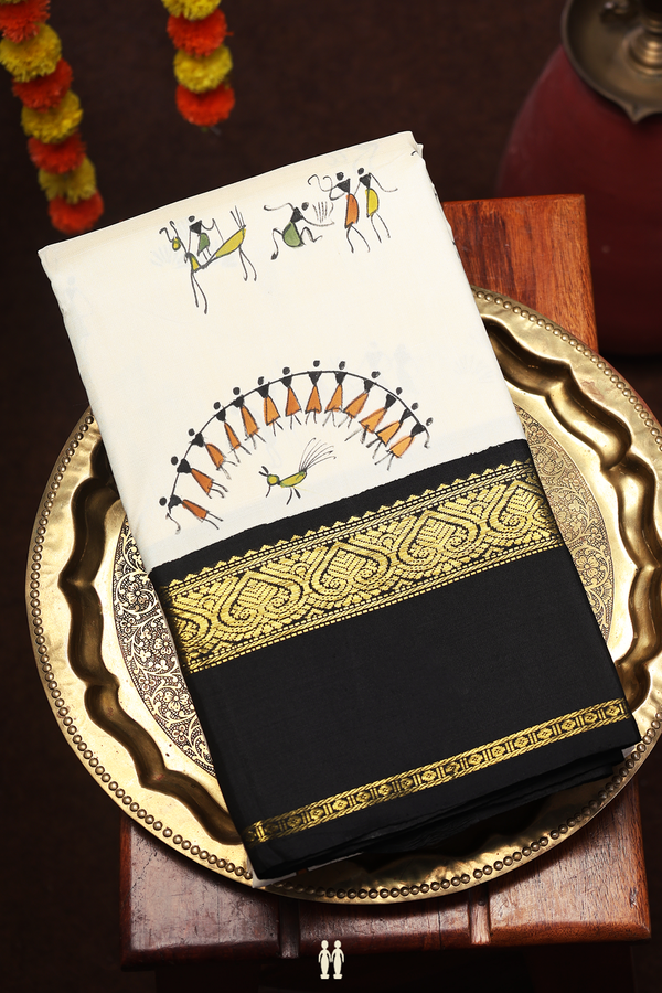 Kanchipuram Silk Saree In White With Hand Painted Warli Design