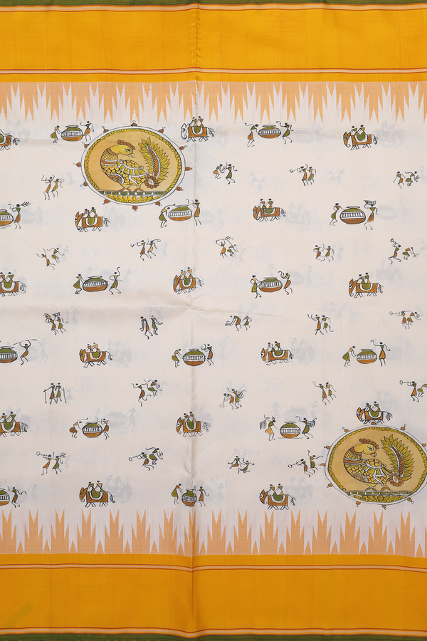 Kanchipuram Silk Saree In White With Warli Design