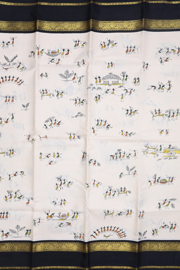 Kanchipuram Silk Saree In White With Hand Painted Warli Design