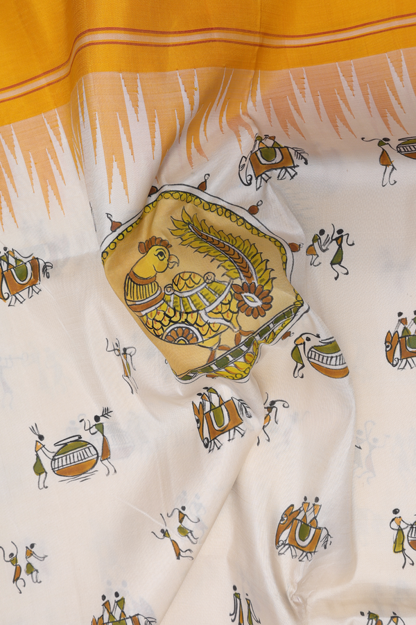 Kanchipuram Silk Saree In White With Warli Design