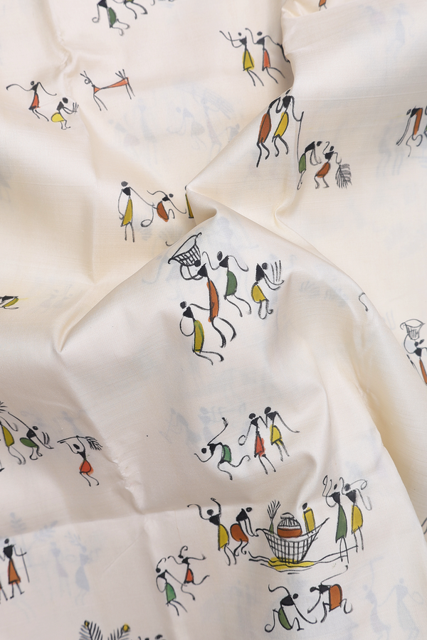 Kanchipuram Silk Saree In White With Hand Painted Warli Design
