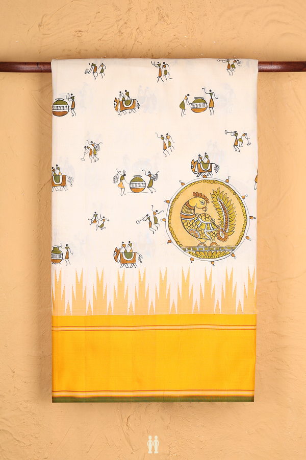 Kanchipuram Silk Saree In White With Warli Hand Painted