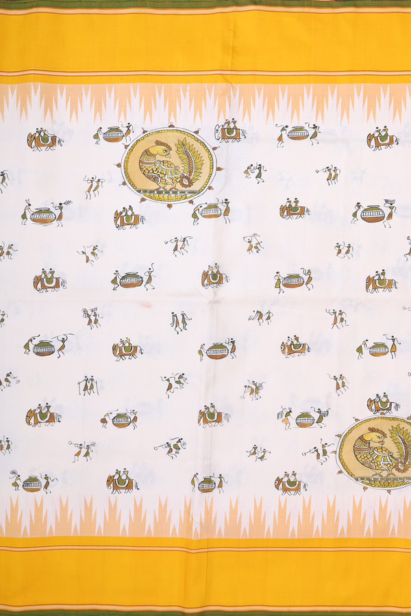 Kanchipuram Silk Saree In White With Warli Hand Painted