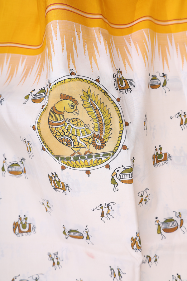 Kanchipuram Silk Saree In White With Warli Hand Painted